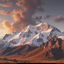 the snow capped mountains have some clouds hanging