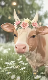 the bull is wearing a flower crown on its head