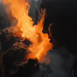 a girl in a dark shirt is next to some fire