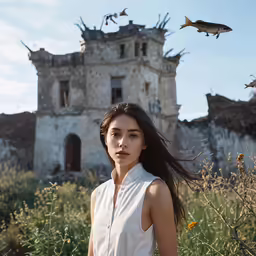 there is a woman standing in front of a dilapidated building with birds flying above her