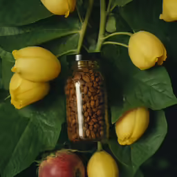 a jar filled with coffee beans sitting on top of a bush