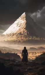 the lone man is walking away from a mountain