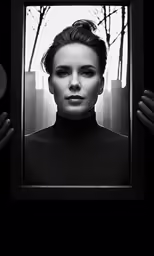 a woman in a dark shirt is looking through a frame