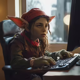 a girl with elf headband, and ears is typing on her computer
