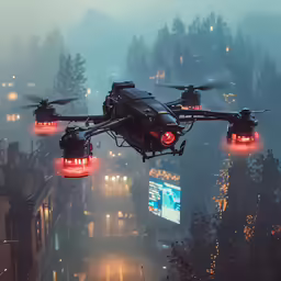 two military - themed air planes with lights and flashing lights hovering above a foggy city