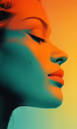 an orange background shows the profile of a woman