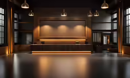 a room with two lamps, windows, and a table