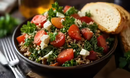 a bowl with grains and tomatoes, parsley and bread on top
