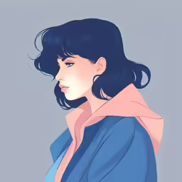 a girl with black hair and blue eyes wearing a blue shirt