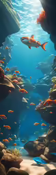a fish swimming along a reef in a large aquarium