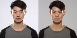 two pictures showing different faces of a man,there are two heads and one has an eye on it