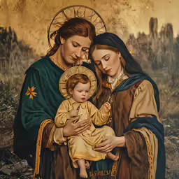 the painting is of two women holding a child