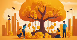 two people are standing on a yellow landscape with falling leaves,some people are standing around a tree with hanging money bags