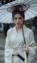 a woman holding an umbrella with a hat on her head