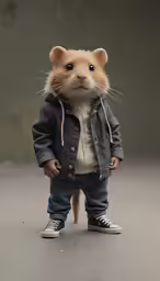 a small mouse with a jean jacket and sneakers