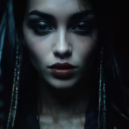 a dark portrait of a young woman with her hair pulled in front of her face and makeup, with long hair blowing out