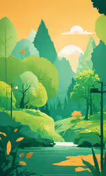 a green and yellow painting with the sun setting over a river,an image of a beautiful green and yellow landscape