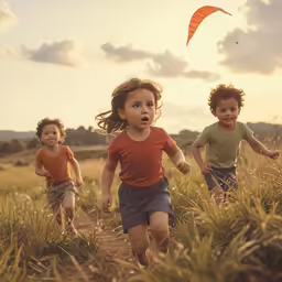 three young children run through tall grass on a cloudy day
