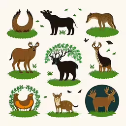 there are different types of animals in the field,an illustrated poster with a bunch of wild animals,a group of animals that are standing on the grass,several types of animals in an illustration,an image of deer and antlers in the grass