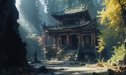an asian - styled, intricate building stands amid the trees in a forest