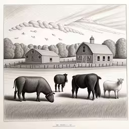 a drawing of cattle in an open field,a drawing of a group of sheep grazing