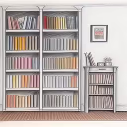 a drawing of a bookcase with several books