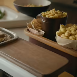 a counter topped with bowls and trays filled with food
