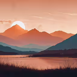 a lake and mountains covered in pink and yellow colors,a mountain view is shown with the sun setting in the distance
