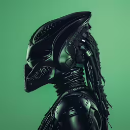 alien woman looking back with a green background,a humanoid man in black leather clothes with head gear and whip whip on green background