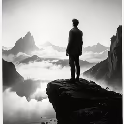 person standing on edge of rock with view of misty mountain