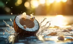 coconut and water splashing on the ground