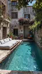 a pool surrounded by plants next to a stone building