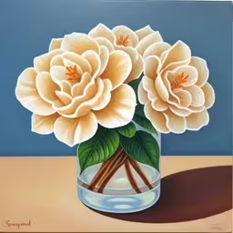 a painting of some pretty flowers in a vase,a painting of three flowers in a vase