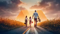 a man, woman and child walk down a road towards a large yellow triangle