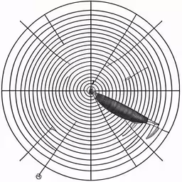 this picture depicts an example of using a circular hole and a line to divide the focal space,a drawing of a circular metal object on a white background,a circular metal sculpture with four different kinds of fish,a picture of a fish in a circular target,a drawing of a wire object with two lines that are very short and have the same size as the base, while one point of view shows a larger angle