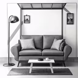 a grey couch and ottoman in a white living room