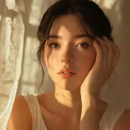 a beautiful young woman posing with her hand on her face