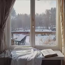 an open book sits on top of a table near a window