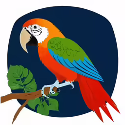the parrot is sitting on a branch with leaves