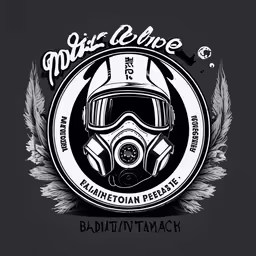 a helmeted pilot wearing a gas mask and wings,the emblem for a motorcycle helmet with wings