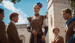 several people dressed in renaissance dress outside of a castle