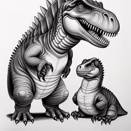 two dinosaurs one is big and one is small,an art work with a dinosaur and a baby dinosaur