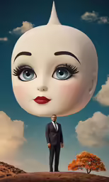 man with large eyelashes standing in front of large surreal figure