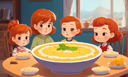 a bunch of people are sitting at a table eating food,cartoon illustration of a family eating some soup