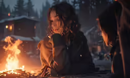 the girl sitting next to a campfire is looking at a woman holding her hand over her face