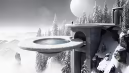 there is a bird sitting on the table that is in front of snow covered trees