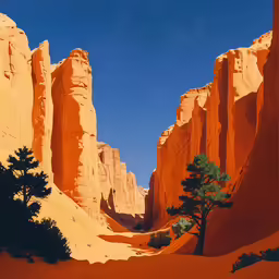 a desert landscape with trees and sand cliffs