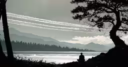 the person is sitting alone on a hill by the water,a view from an overlook looking over the water with multiple airplanes