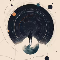 a man standing in front of a huge space filled with planets