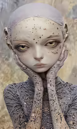 an elf poses in front of the camera with her hands on her face